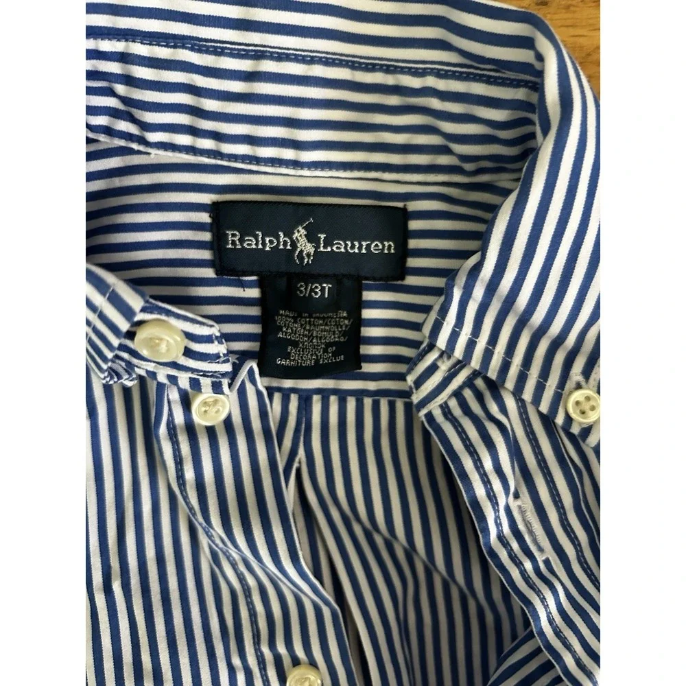 Ralph Lauren Toddler Boys Blue White Striped Button Down Shirt Navy Pony 3/3T
